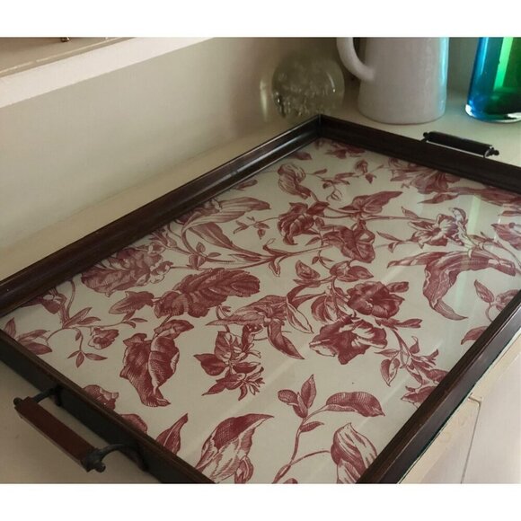Wood Frame Antique Vintage Glass Serving Tray Red Flower Pattern Print - Picture 2 of 15